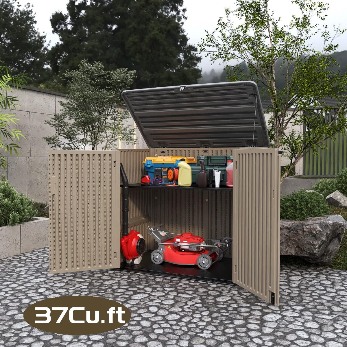ADDOK Horizontal Large Outdoor Storage Sheds, Resin Patio Outdoor Storage Cabinet for Patio Furniture,Grill, Pool Toys and Gardening Tools. ADDOK