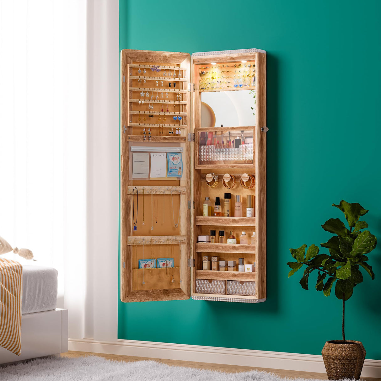 HNEBC LED Mirror Jewelry Cabinet,47.2" Wall Mounted Jewelry Organizer with Full-Length Mirror,Over The Door Hanging Jewelry Armoire Storage HNEBC