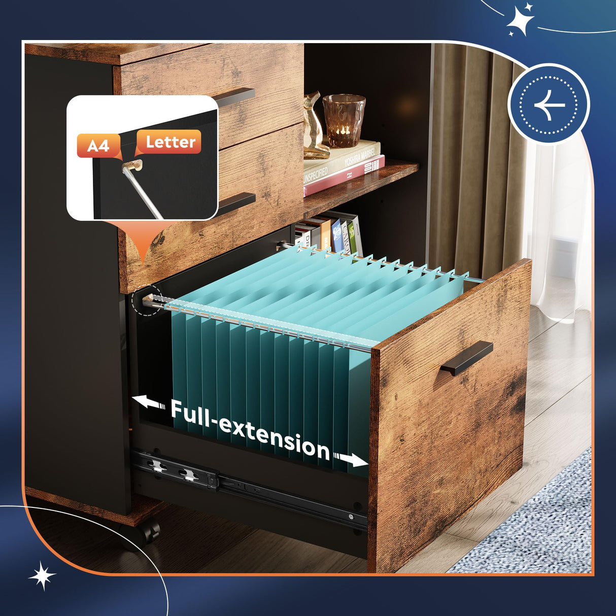 DEVAISE 3-Drawer Wood File Cabinet, Mobile Lateral Filing Cabinet, Printer Stand with Open Storage Shelves for Home Office, Rustic Brown DEVAISE