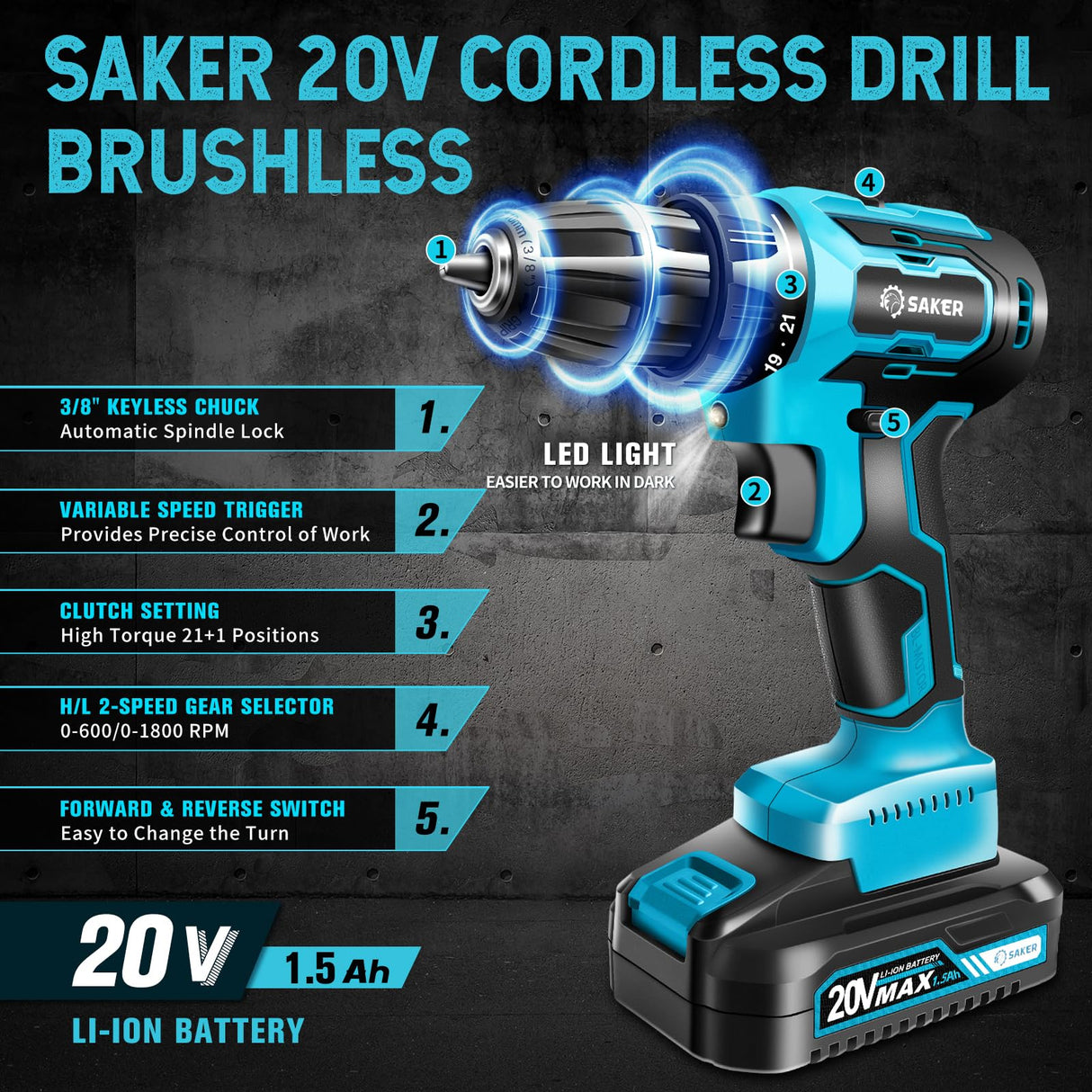 Saker Cordless Drill Set, Brushless 20V Electric Drill with Drill Bits, 3/8-Inch Keyless Chuck, 2 Variable Speeds, 430 In-lbs Torque Battery Power Saker