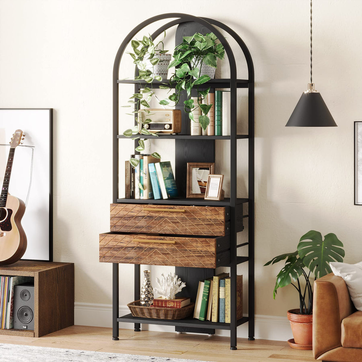 Tribesigns 4-Tier Industrial Bookshelf with LED and Drawers, 70.8" Arched Storage Rack Tribesigns