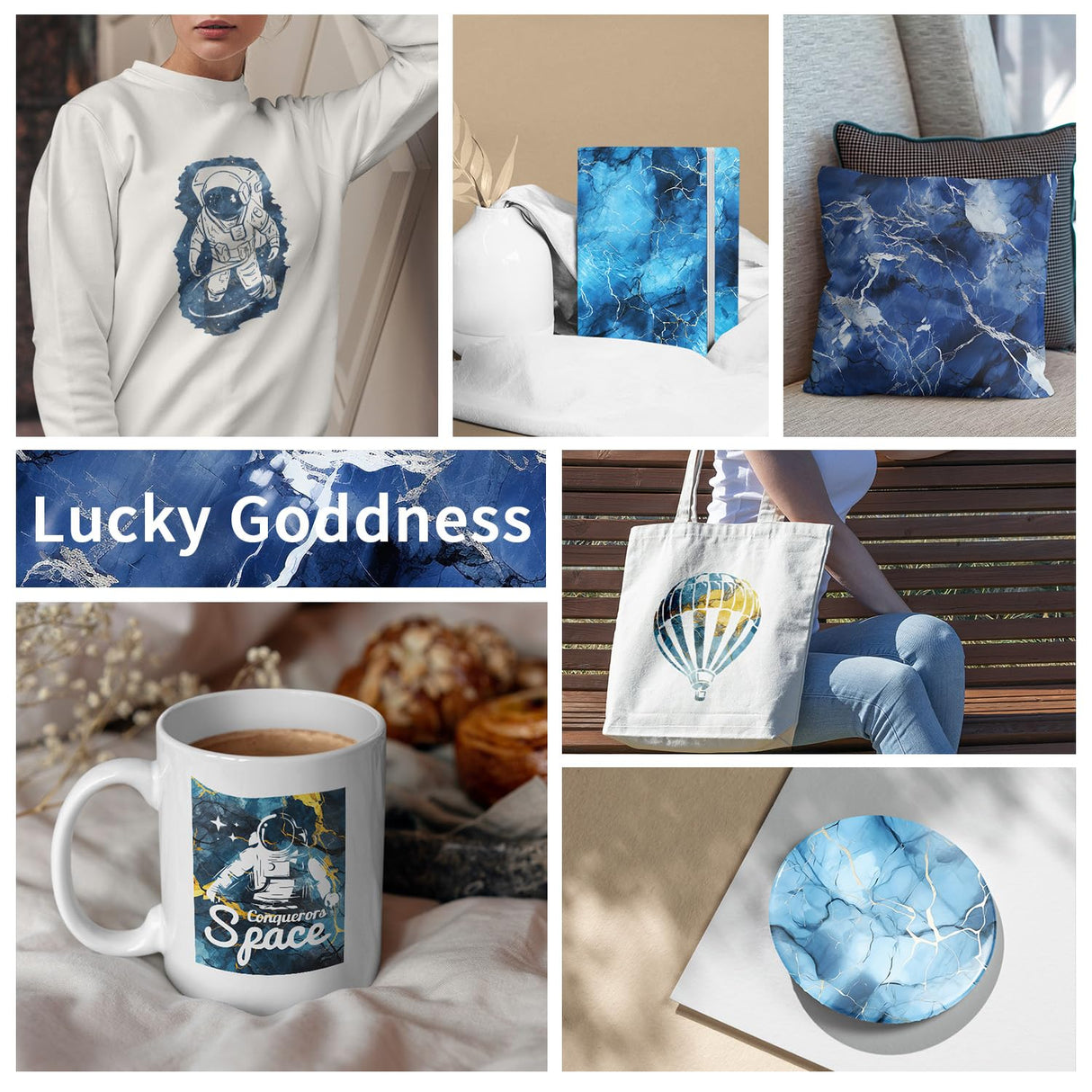 Infusible Transfer Ink Sheets for Heat Press Machine,12x12 Inch Blue Marble Sublimation Transfer Paper for Heat Press Machine, 6 Sheets Lucky Goddness