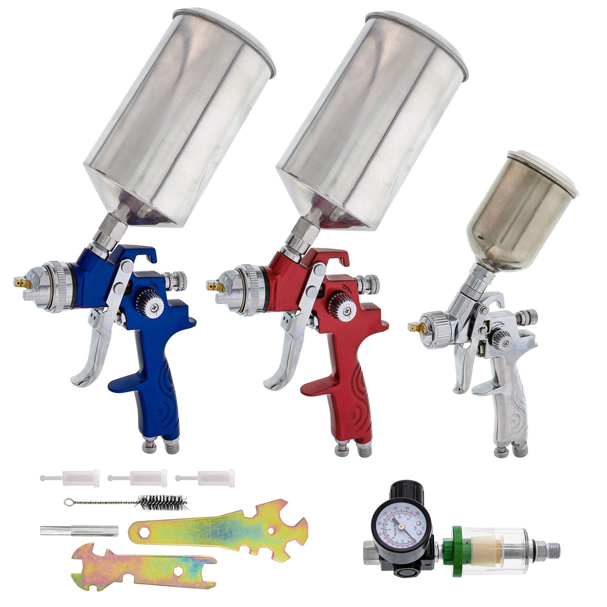 TCP Global Brand HVLP Spray Gun Set - 3 Sprayguns with Cups, Air Regulator & Maintenance Kit for All Auto Paint, Primer, Topcoat & Touch-Up, One Year TCP Global