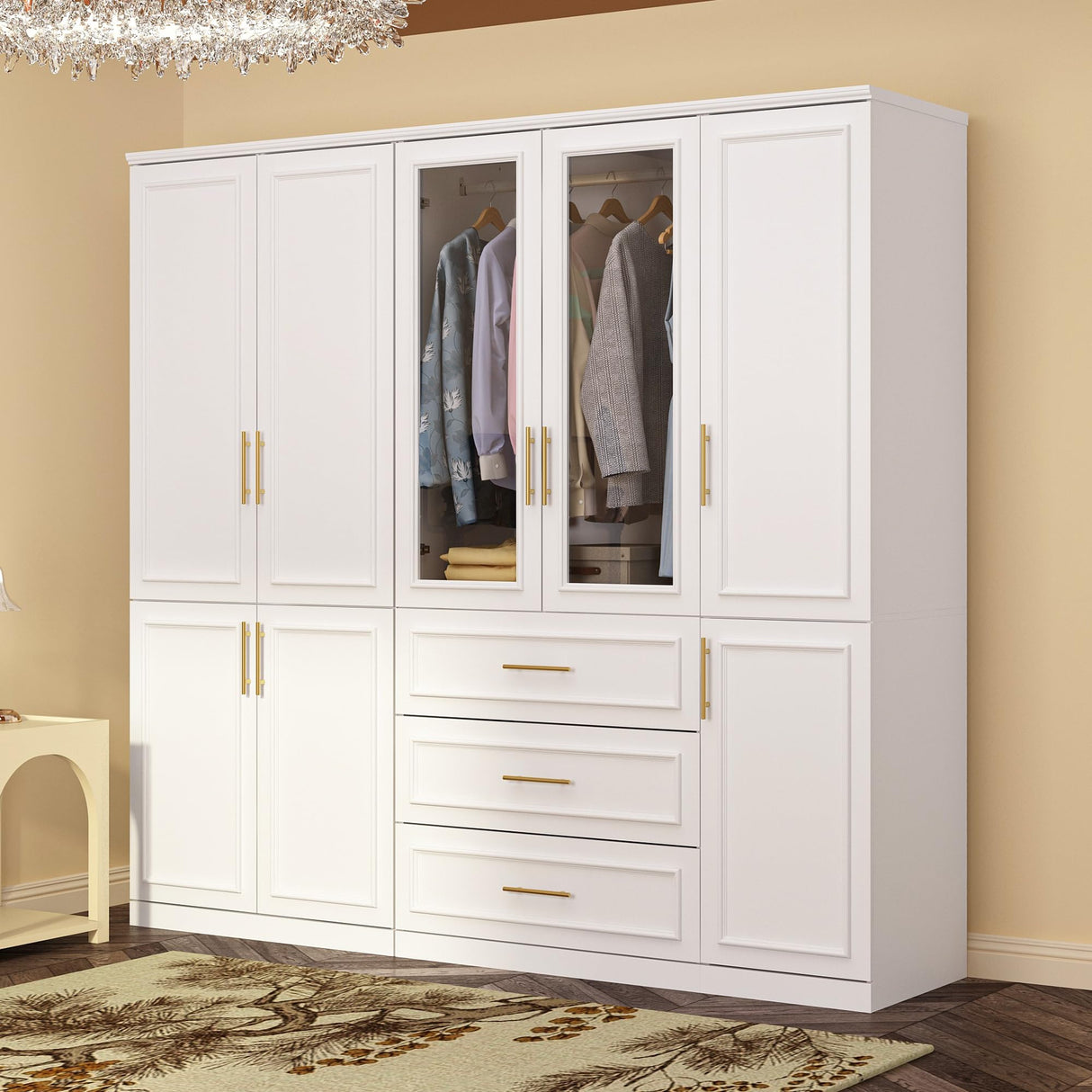 ECACAD White Extra Wide Wardrobe Armoire with 8 Doors, Drawers, Storage Shelves & Hanging Rods, Wooden Closet Storage Cabinet for Bedroom (79.1”W x ECACAD