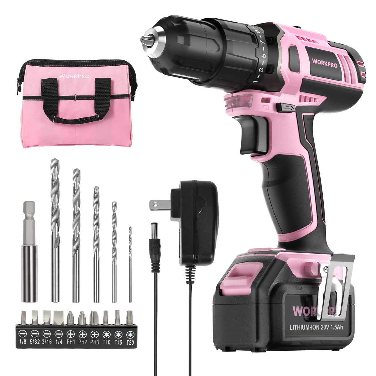 WORKPRO Pink Cordless 20V Lithium-ion Drill Driver Set, 1 Battery, Charger and Storage Bag Included - Pink Ribbon WORKPRO