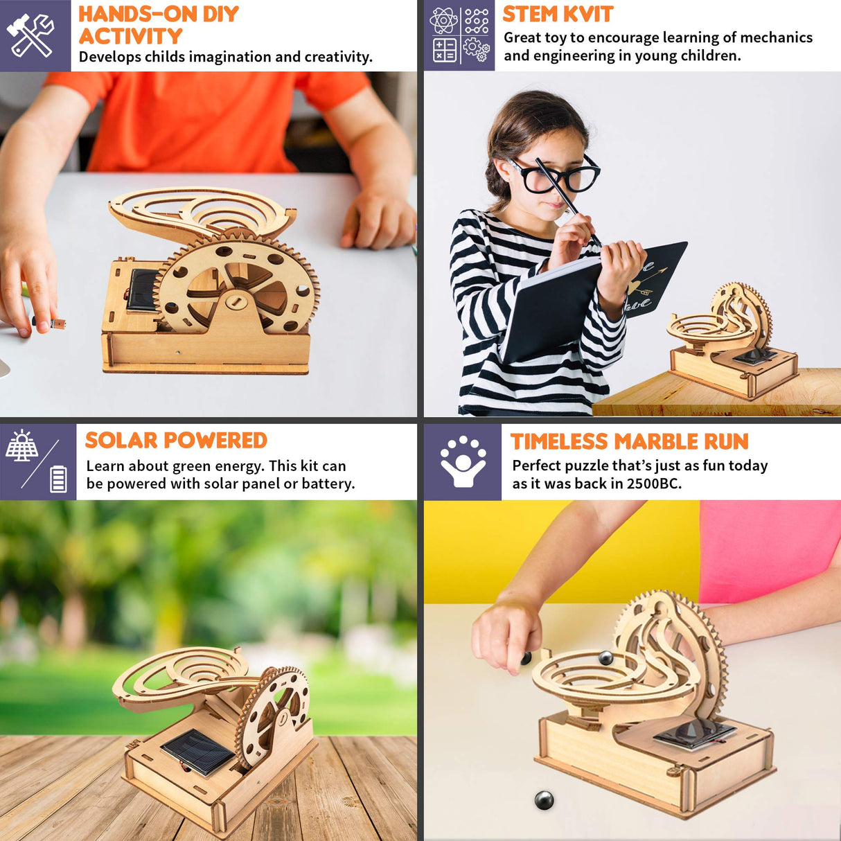 Solar Wooden Marble Run for Kids 8-12 - Wood 3D Puzzle - Building Blocks Toy & Construction Play Set - Marble Maze Track & Race Game- Educational Smartstoy