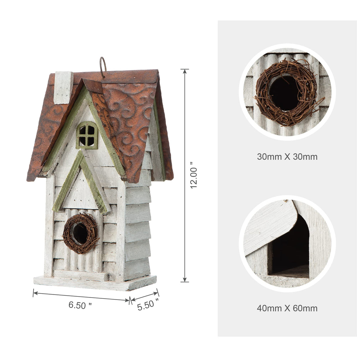 Glitzhome GH90086 Hanging Distressed Wooden Garden Cottage Birdhouse, White glitzhome
