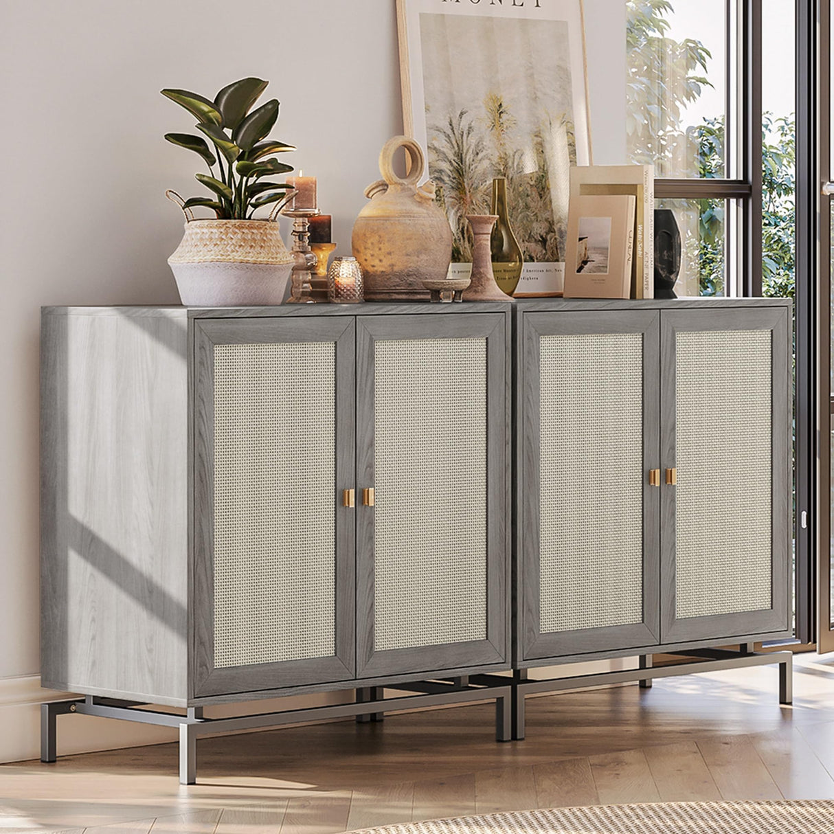 BELLEZE Sideboard Buffet Cabinet Set of 2, Storage Cabinet with Rattan Doors, Buffet Table with Metal Base and Adjustable Shelves Accent Cabinet BELLEZE