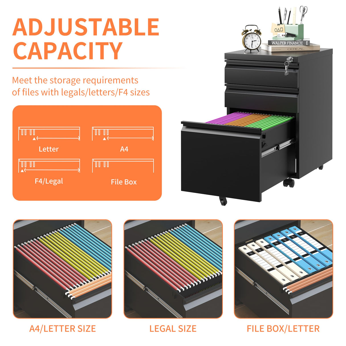 FLIXELIO 3-Drawer Mobile File Cabinet with Lock,Small Rolling Metal Office Storage Filing Cabinet Under Desk,Vertical Locking File Cabinets with FLIXELIO