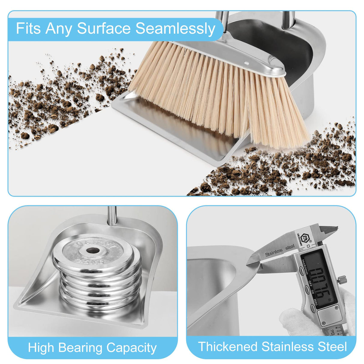 Heavy Duty Dustpan with Long Handle, VOOWO 43" Stainless Steel Dust Pan Standing Upright Dustpan, Indoor Outdoor Dust Pan with Handle for Kitchen and VOOWO