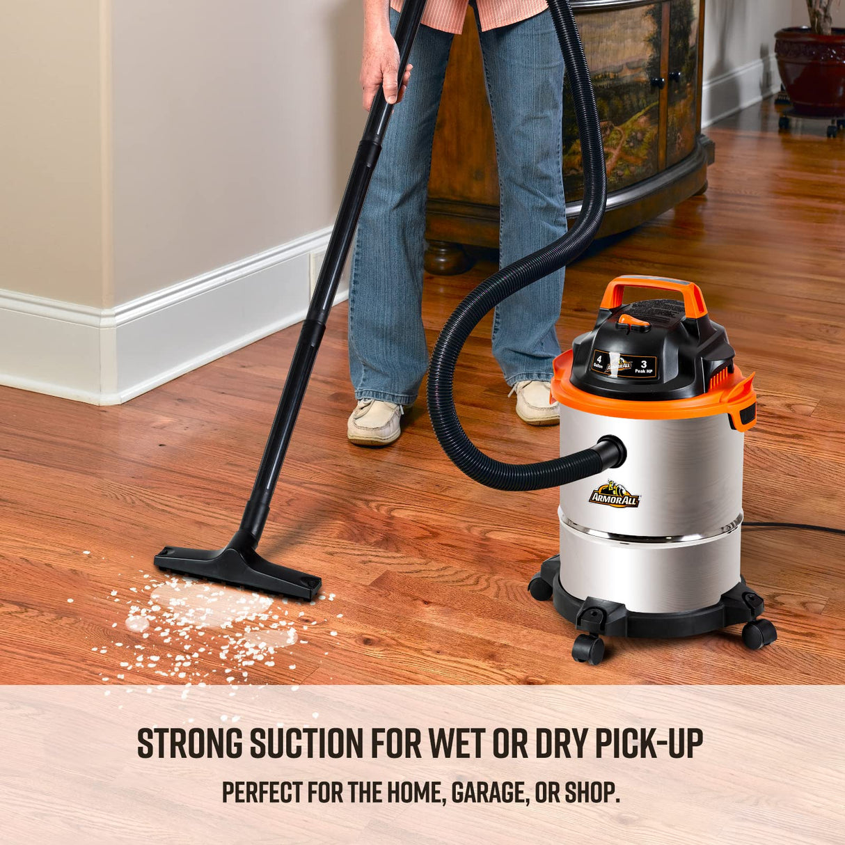 Armor All VO408S 0901 4 Gallon Wet/Dry Vac 3.0 Peak HP Shop Vacuum with 3 Nozzles and 1 Brush, Stainless Steel Tank, Orange Armor All