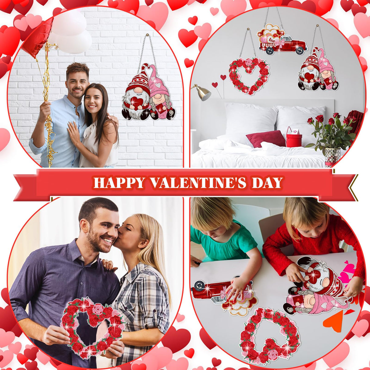 Menkxi 3 Set Valentine's Day Diamond Painting Hanging Sign 5D Truck Heart Wreath Gnomes Diamond Painting Kits DIY Crystal Paint Arts and Crafts Set Menkxi