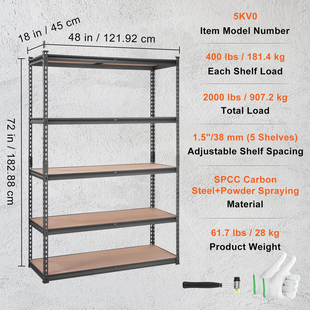VEVOR Storage Shelving Unit, 5-Tier Adjustable, 2000 lbs Capacity, Heavy Duty Garage Shelves Metal Organizer Utility Rack, Black, 48" L x 18" W x 72" VEVOR