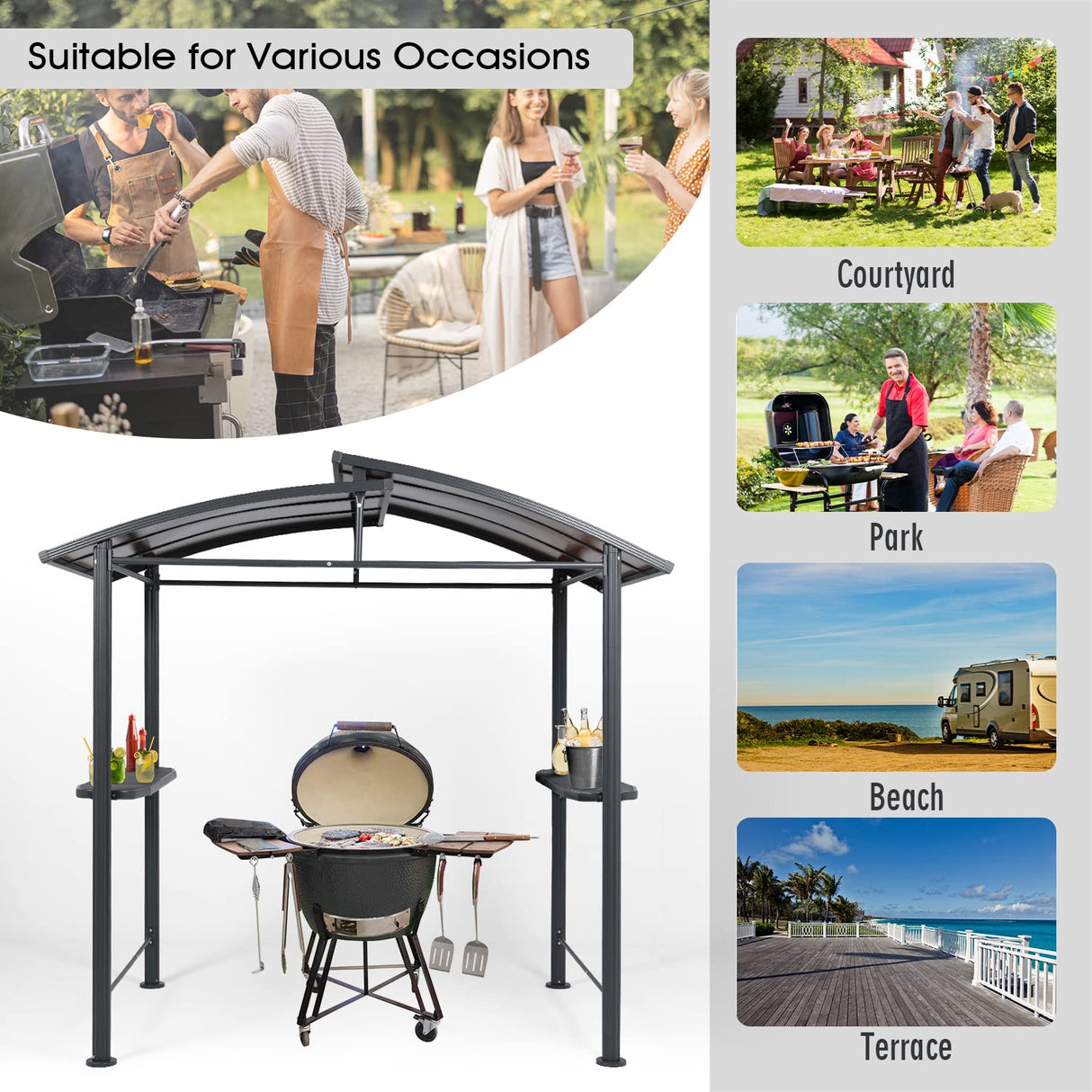 Aoodor 8 x 5 ft. BBQ Grill Gazebo Shelter, Dark Gray Steel Frame and Brown Double-Tier Polycarbonate Top Canopy, with Side Shelves, for Outdoor, Aoodor