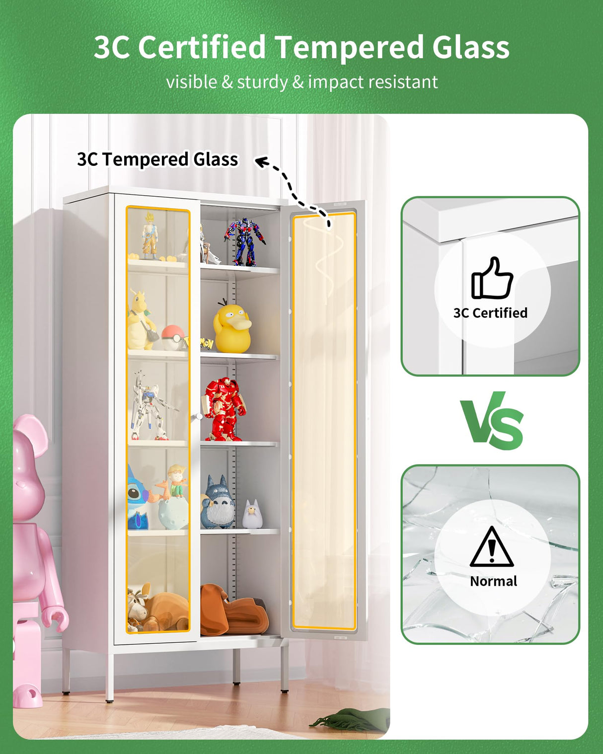 Greenvelly Modern White Metal Curio Display Cabinet with Glass Doors and Adjustable Shelves Greenvelly