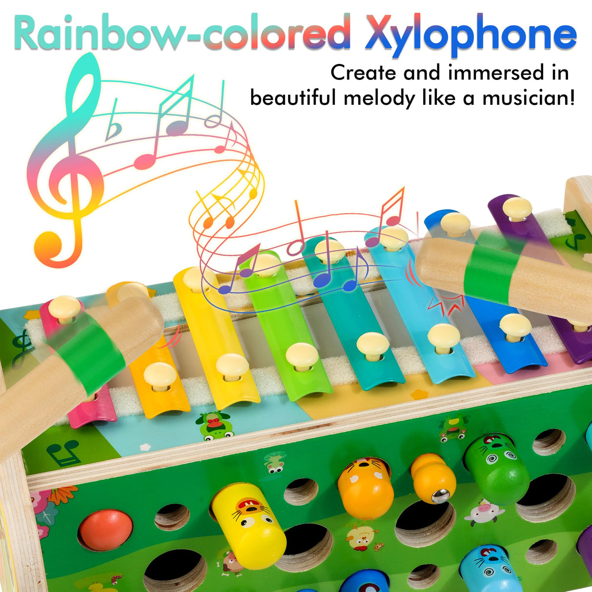 6 in 1 Wooden Montessori Toys for 1 Year Old Whack a Mole Game Hammering Pounding Toy with Xylophone Carrot Harvest Game Learning Developmental Toys Amtreen