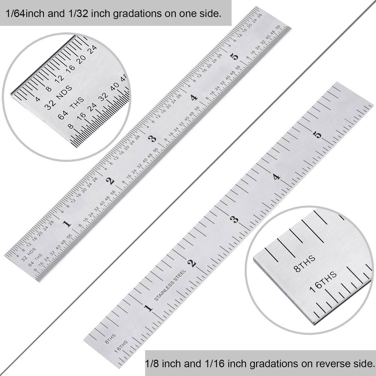 eBoot 2 Pack Stainless Steel Ruler Machinist Engineer Ruler, Rigid Metal Ruler with Inch Graduations 1/8, 1/16, 1/32, 1/64 Inch for Engineering, EBOOT