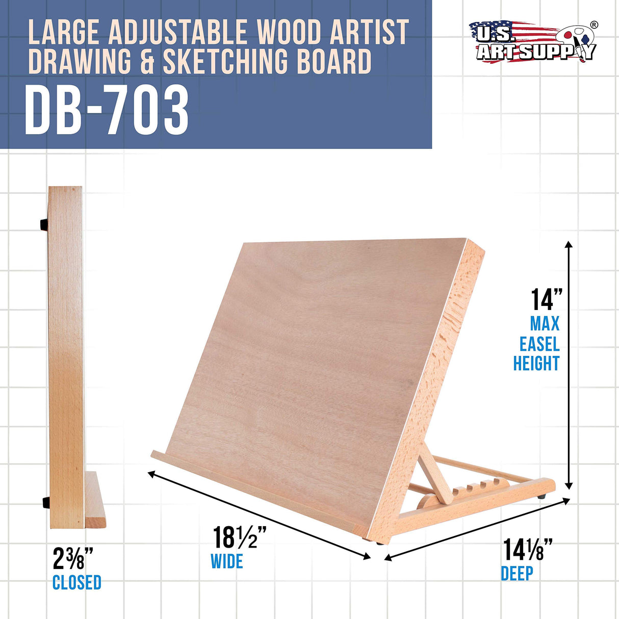 U.S. Art Supply Large 18-1/2" Wide x 14-1/8" (A3) Tall Artist Adjustable Wood Drawing Board Bundle with 11" x 14" Side Spiral Bound - 60lb Sketch U.S. Art Supply