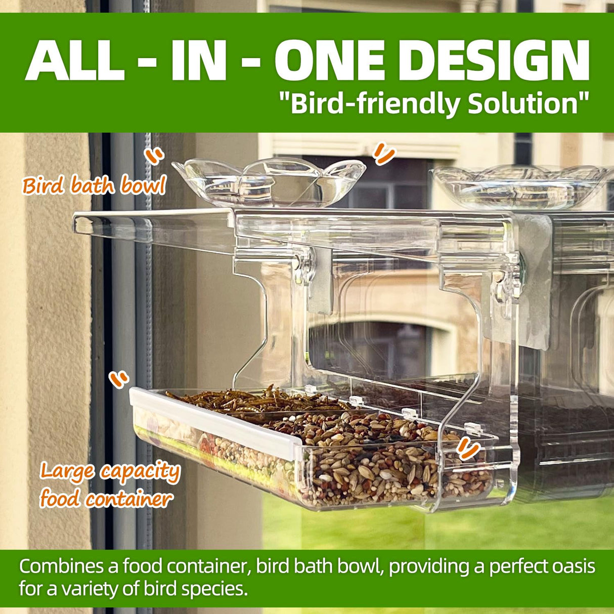 WENMIXER Window Bird Feeder with Non-Marking Self-Adhesive Hooks, Clear Window Bird Feeder for Outside, Transparent Bird House, Outdoor Bird Feeders, WENMIXER