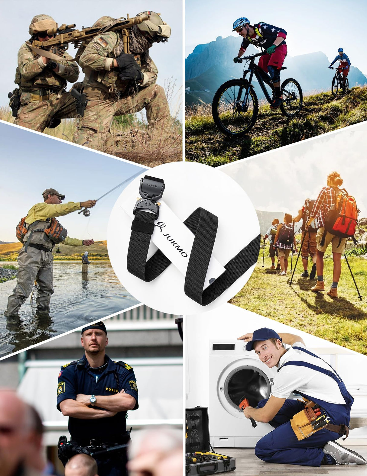 JUKMO Tactical Belt, Military Hiking Rigger 1.5" Nylon Web Work Belt with Heavy Duty Quick Release Buckle (Black, Medium) JUKMO