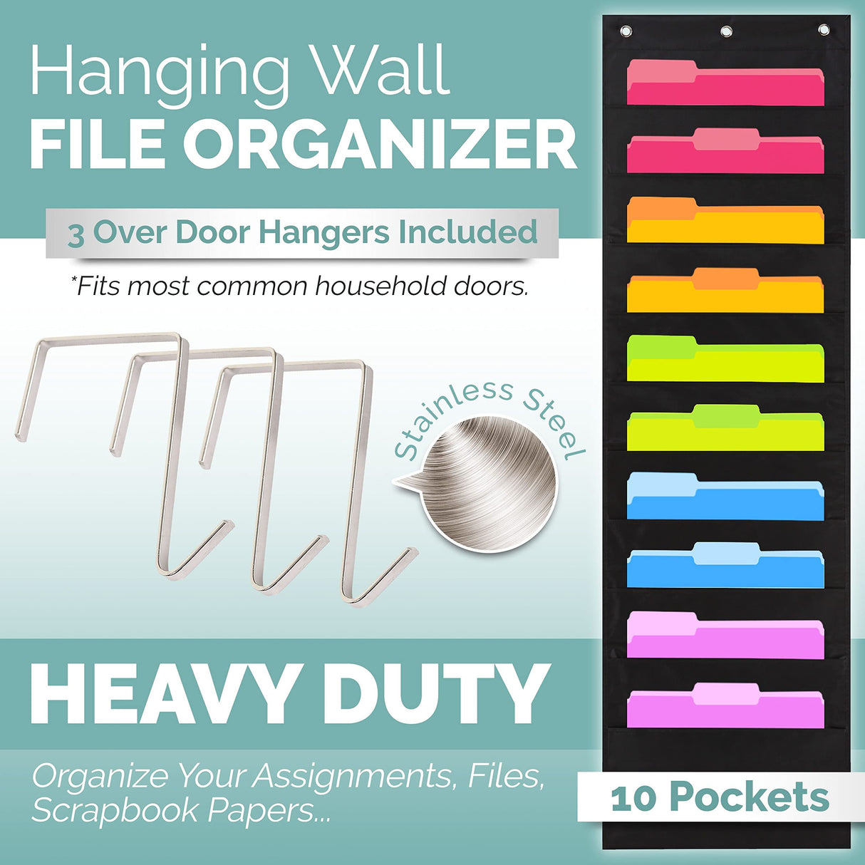 Black Pocket Chart for Classroom - 10 Pocket Storage Rainbow Pocket Charts , 2 Over Door Hangers Included, Hanging Wall File Organizer for File Hippo Creation