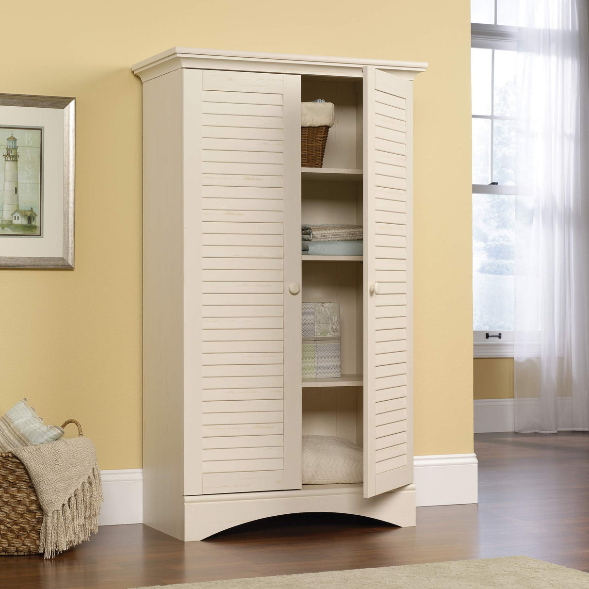 Sauder Harbor View Storage Pantry Cabinet, L: 35.43" x W: 16.73" x H: 61.02", Antiqued White finish Sauder