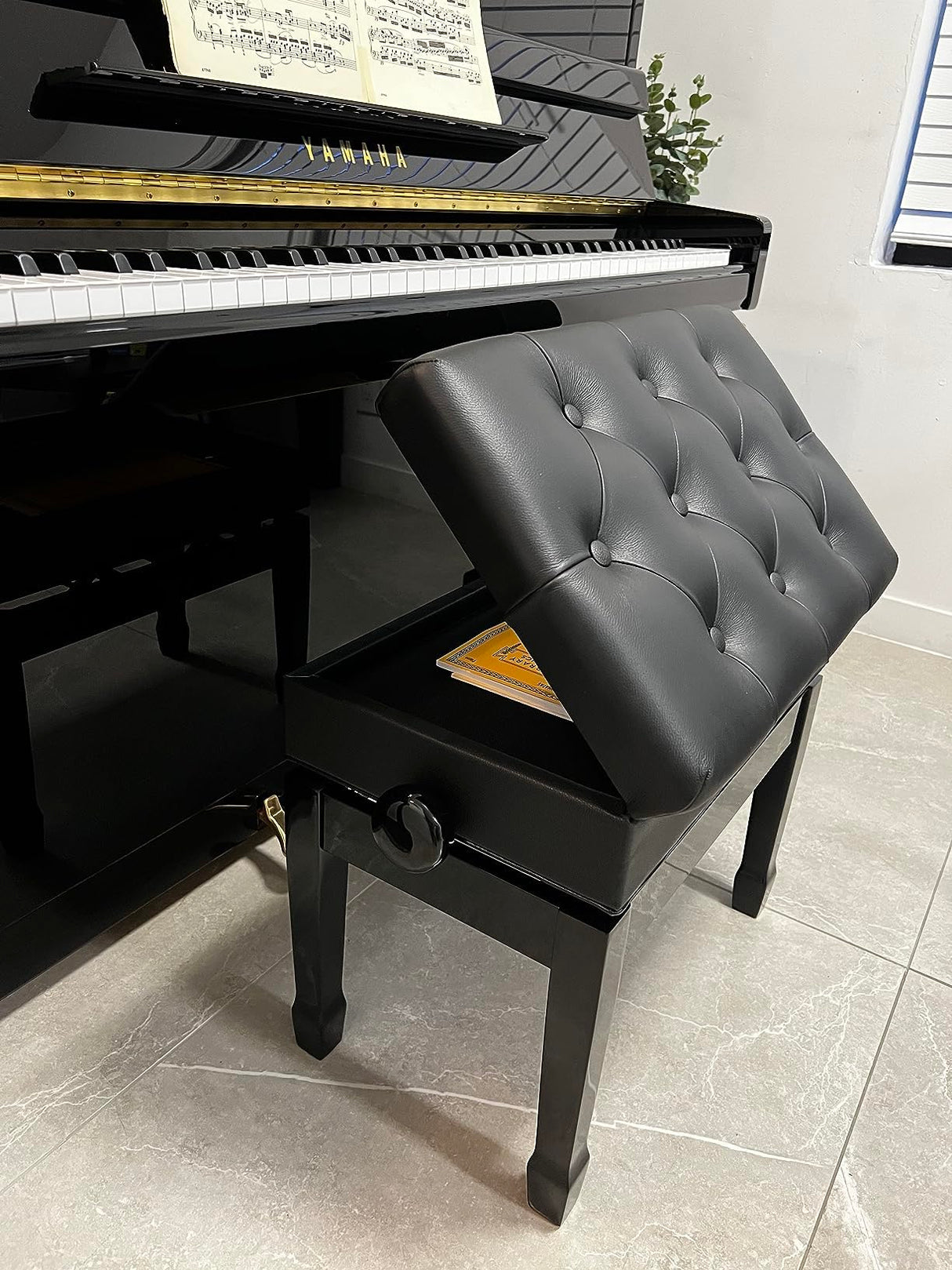 CPS Imports Genuine Leather Adjustable Artist Piano Bench Stool in Ebony with Music Storage CPS Imports