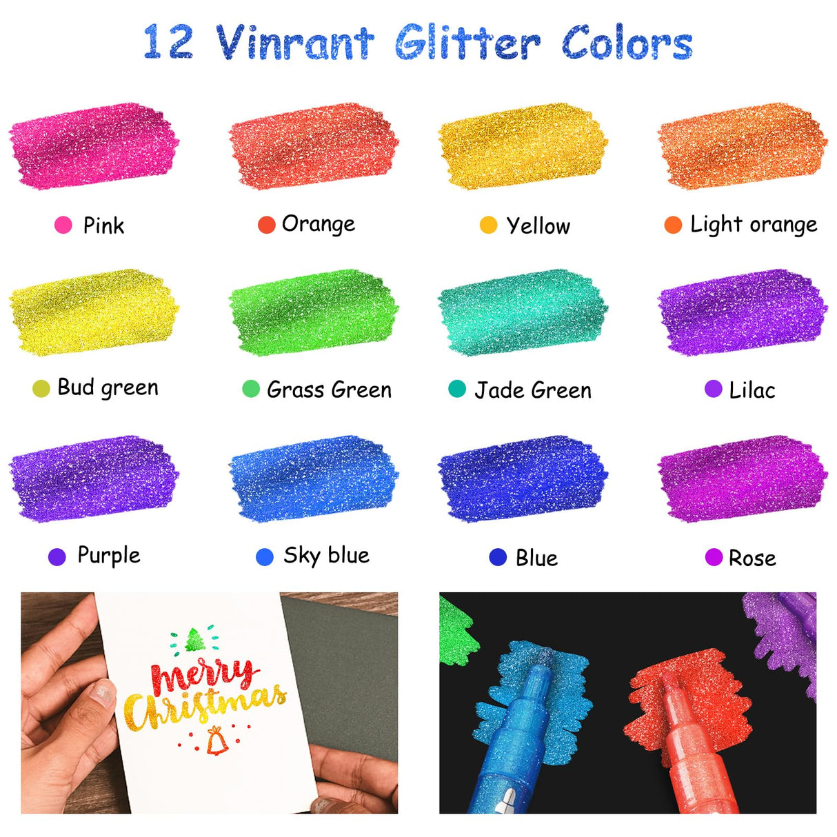 TEVILIK Glitter Markers Pen, 12 Acrylic Glitter Markers Paint Pens - Shimmer Marker, Fine Point Water-Based Pen For DIY Crafts, Birthday Cards, TEVILIK