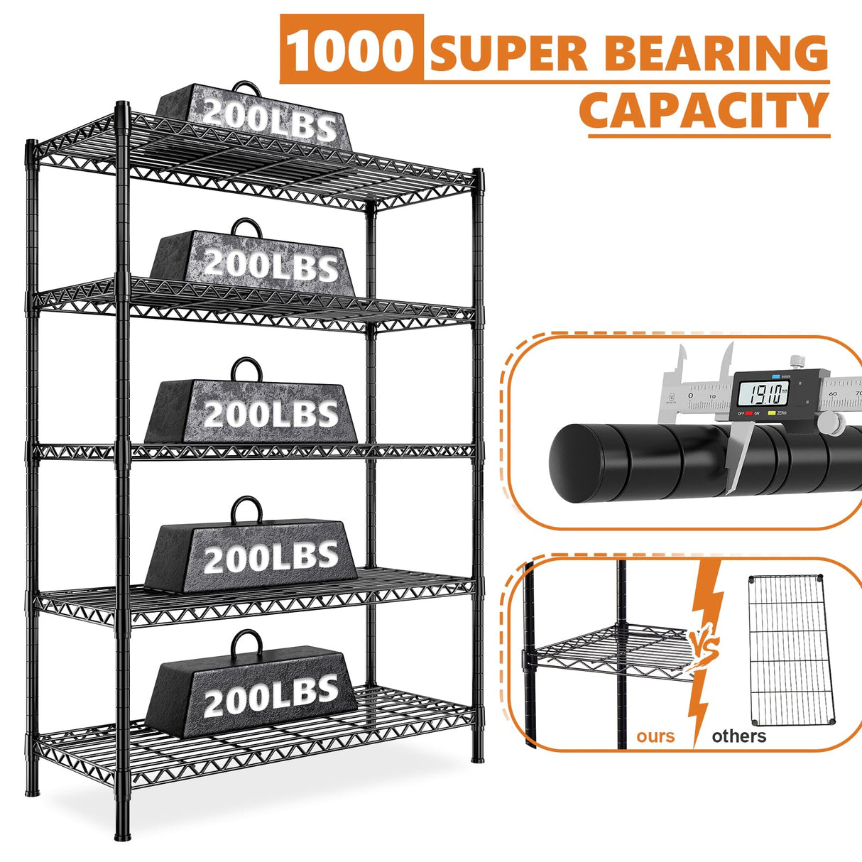 REIBII 5-Shelf Wire Shelving,Storage Shelves Metal Shelves for Storage,71’’H Adjustable Garage Shelving Heavy Duty Storage Rack Pantry Shelf Kitchen REIBII