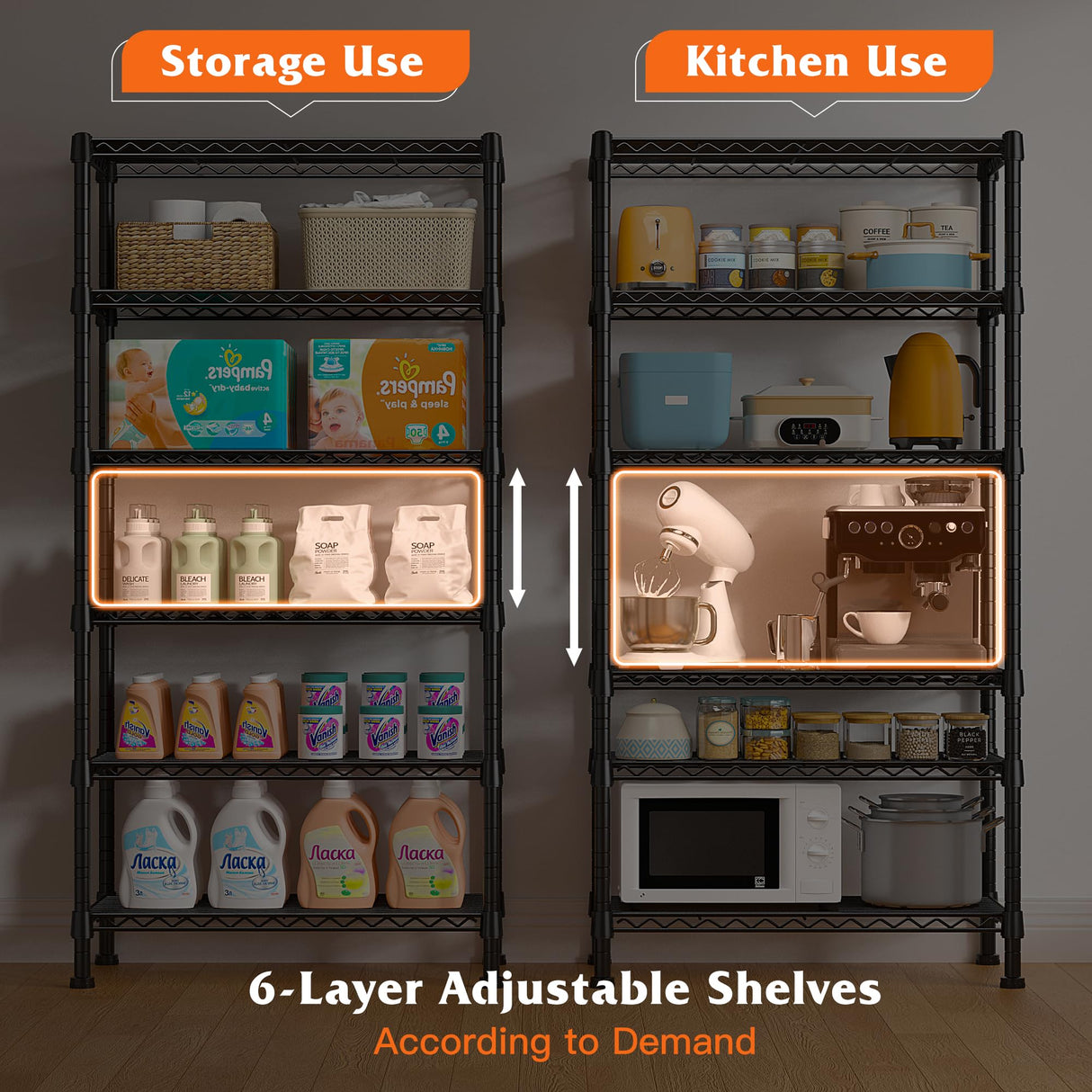 REIBII 6-tire Wire Shelving Rack,Storage Shelves Metal Shelves for Storage Load 1000 LBS,Heavy Duty Shelving Unit with Wire Shelf Adjustable Pantry REIBII