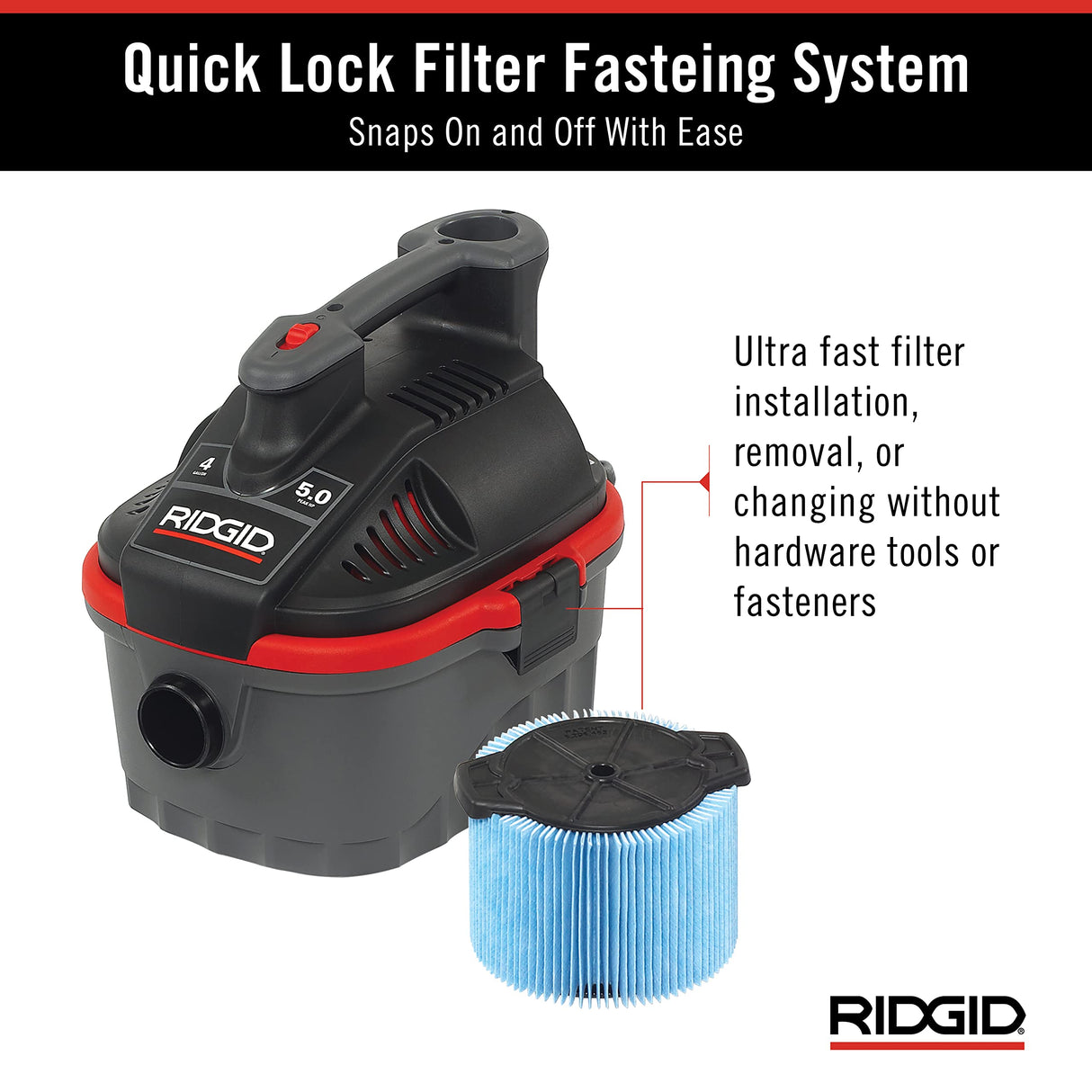 RIDGID 50313 Model 4000RV 4-Gallon Portable Wet and Dry Compact Vacuum Cleaner with 5.0 Peak-HP Motor, 4 gallon, Red RIDGID