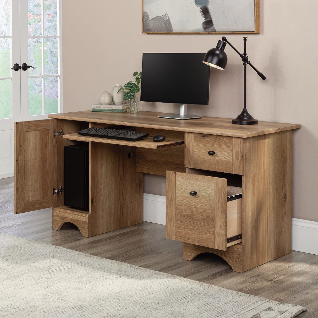 Sauder Miscellaneous Office Computer Desk with Drawers, L: 59.45" x W: 23.47" x H: 29.02", Timber Oak Finish Sauder