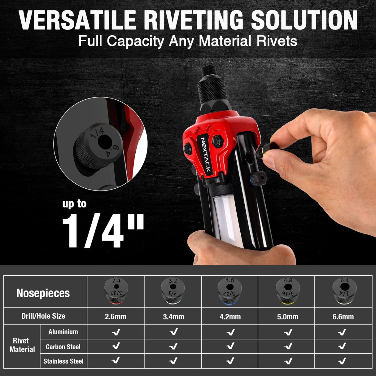 NEXTACK Rivet Gun Kit, 1/4 Pop Rivet Gun with 350 Assorted Rivets, 13" Full Metal Heavy Duty Riveter Tool Setter with 5 Interchangeable Nosepieces NEXTACK