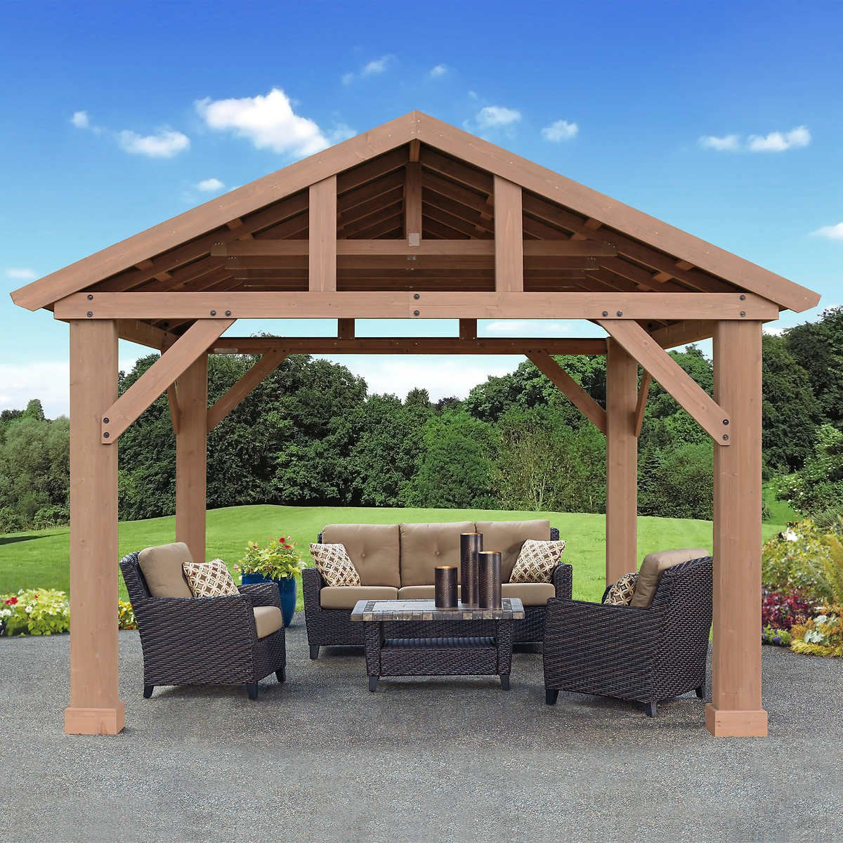 YARDISTRY Pre-Stained Premium Cedar Wood & Aluminum 14 x 12 Outdoor Pavilion Gazebo YARDISTRY