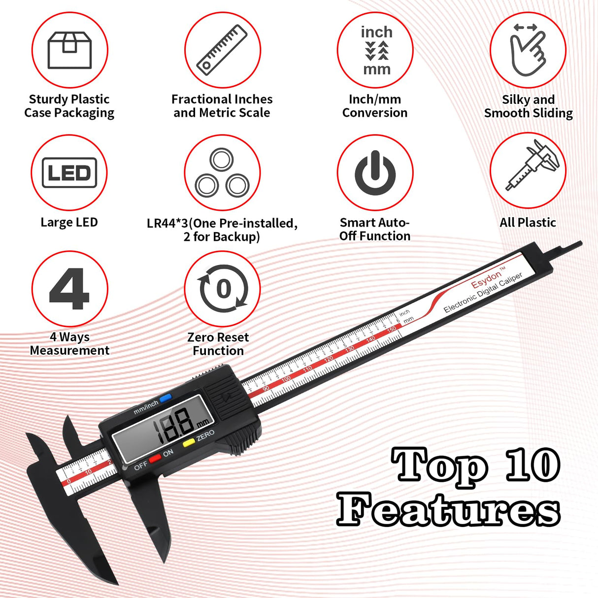 Digital Caliper, Esydon Upgraded Calipers 6 inch, Measuring Tool, Electronic Ruler, with Large LCD Screen, Auto-Off Feature, Inch and Millimeter Esydon
