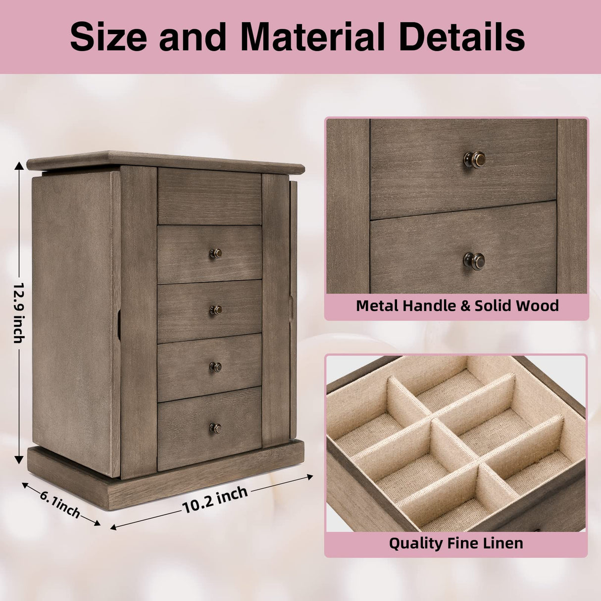 Emfogo Jewelry Box for Women, 5 Layer Large Wood Jewelry Boxes & Organizers for Necklaces Earrings Rings Bracelets, Rustic Jewelry Organizer Box with Emfogo