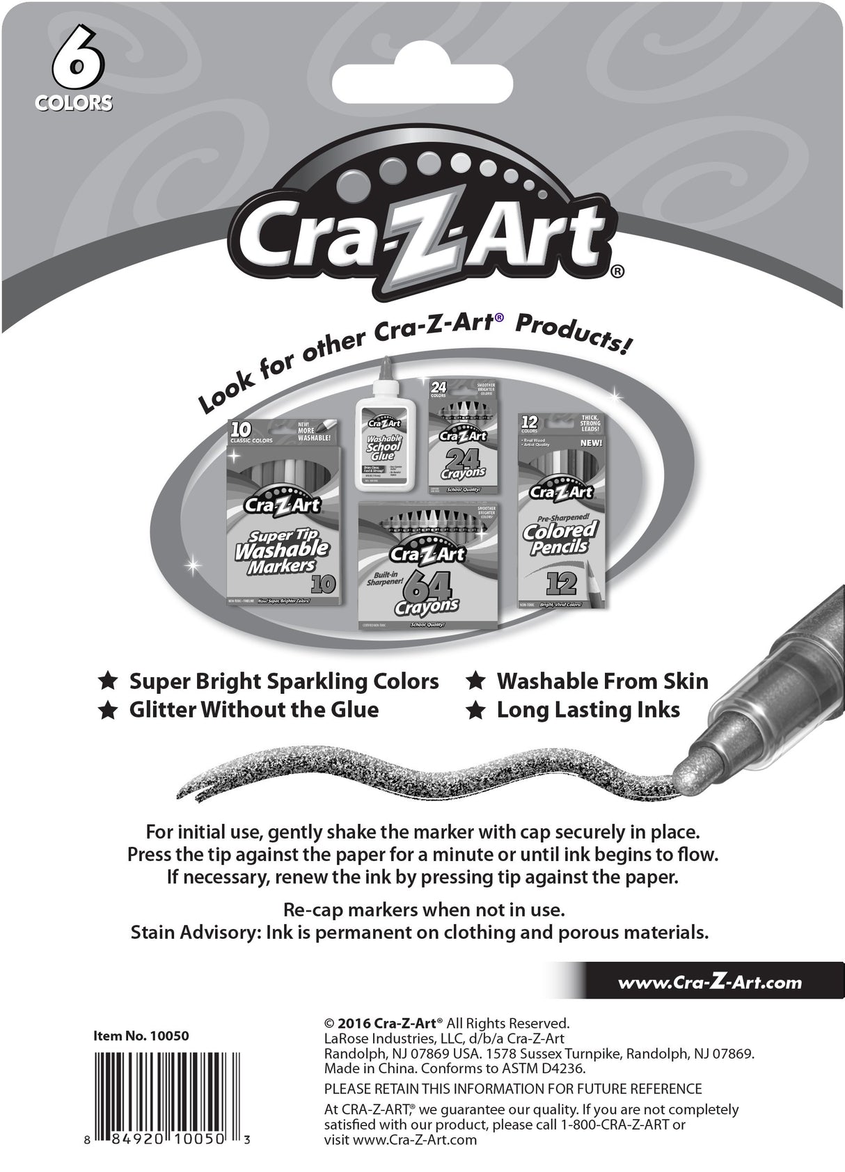 Cra-Z-Art Glitter Markers, 6 Count (10050) Cra-Z-Art