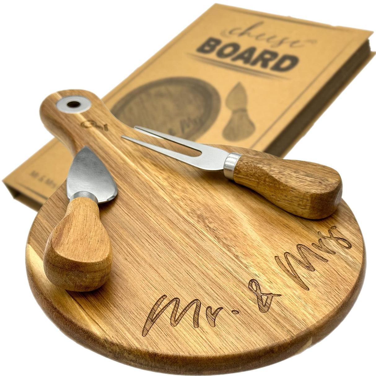 Mr & Mrs Wedding Gift Small Acacia Wood cheese board For charcuterie. Laser Engraved Present In a book like box for newlywed couples. Stainless Steel QualityVibe