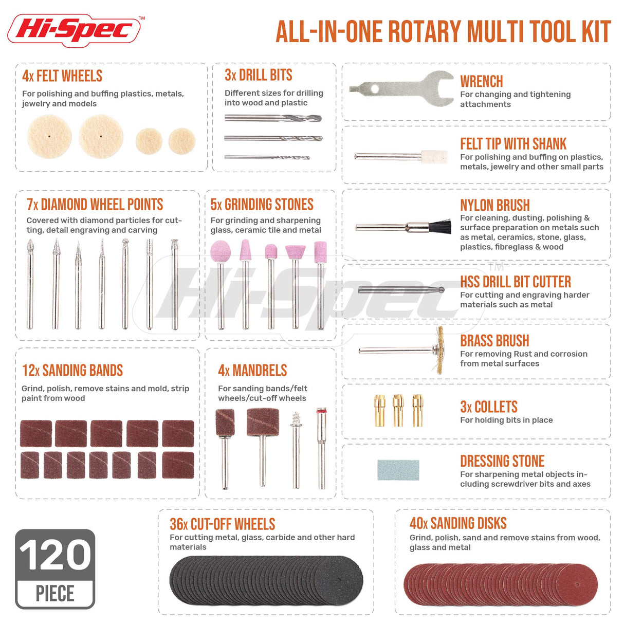 Hi-Spec Power Rotary Tool Kit Set 130W with 121 Piece Dremel Compatible Bit Accessories. Drill, Cut, Trim, Grind & Sand in DIY Repairs, Hobbies & Hi-Spec