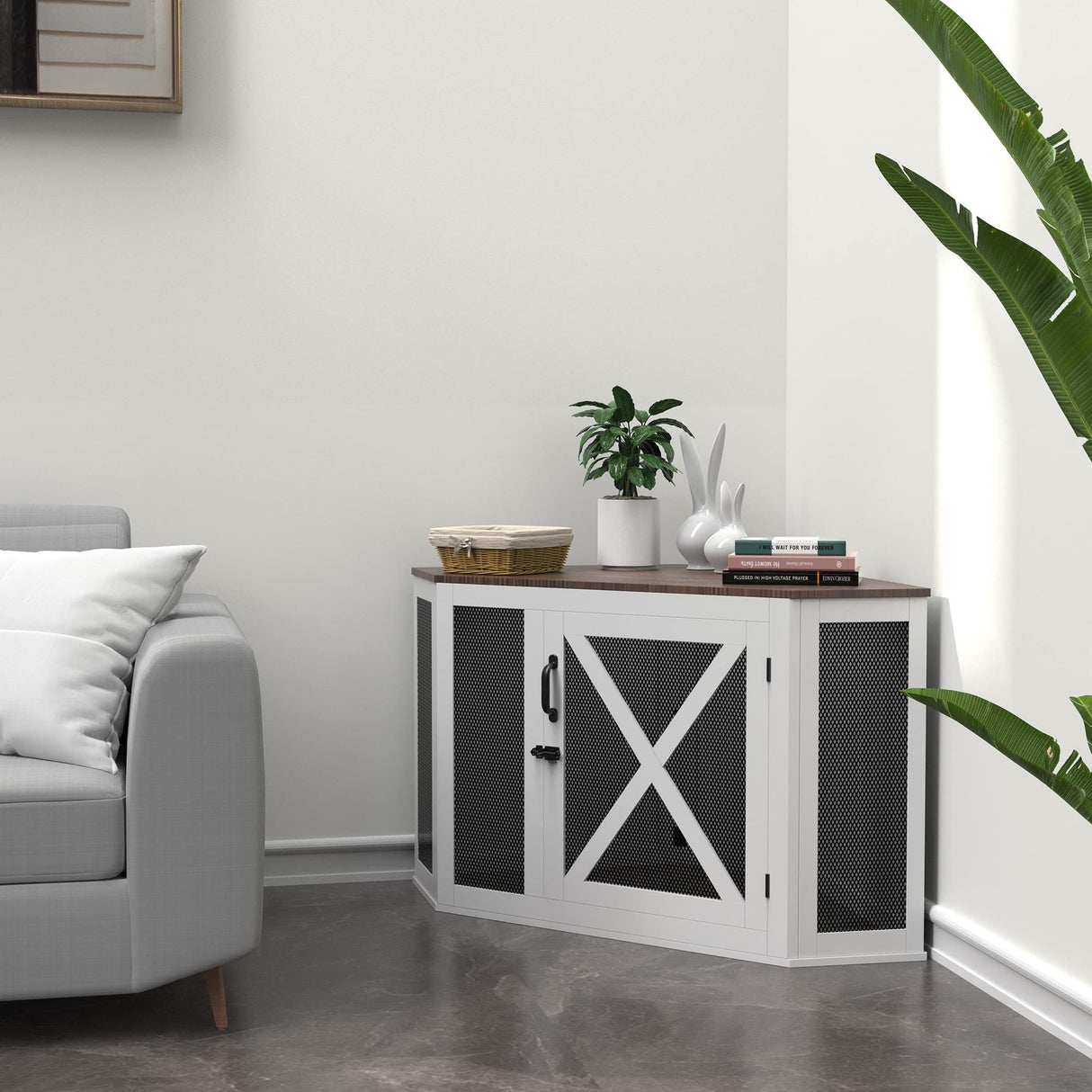 Xilingol Corner Crate Furniture, Wooden Kennel Side End Table, Cage / House for Small Medium Large Dog, Pet Crate Indoor Use Xilingol