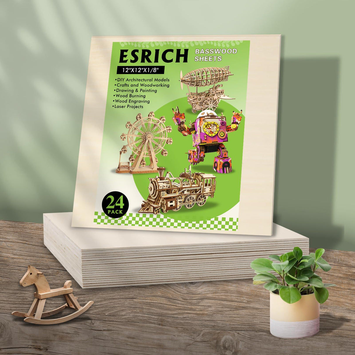 24 Pack Basswood Sheets 1/8 x 12 x 12 Inch for Crafts, Basswood Sheets Plywood Sheets for Laser Cutting & Engraving, Wood Burning, Architectural ESRICH