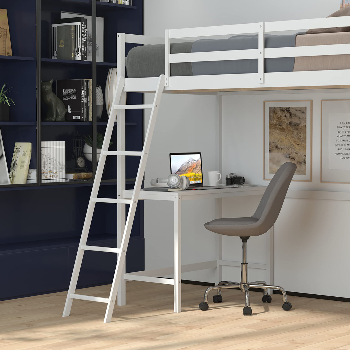 BizChair Twin Size Loft Bed Frame with Built-In Desk & Guard Rails - White BizChair