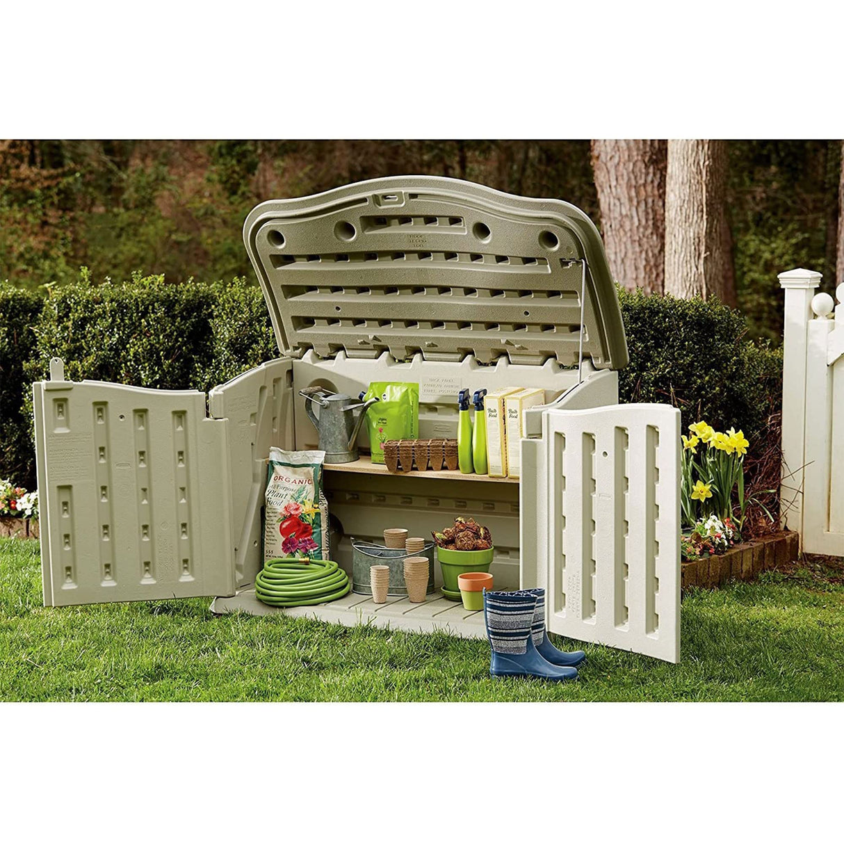 Rubbermaid Small Horizontal Resin Weather Resistant Outdoor Storage Shed, Olive and Sandstone, for Garden/Backyard/Home/Pool, 18 Ft³ Horizontal Shed Rubbermaid