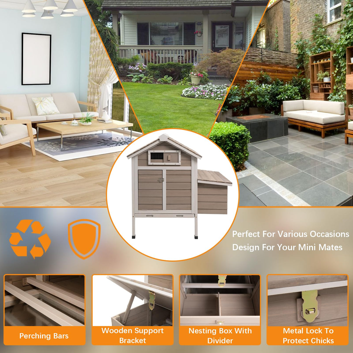 Gowoodhut Chicken Coop Rabbit Hutch with Removable Trays,Raised Floor Hen House with Nesting Box,Wooden Outdoor Poultry Cage Pet House with Ramp Run Gowoodhut