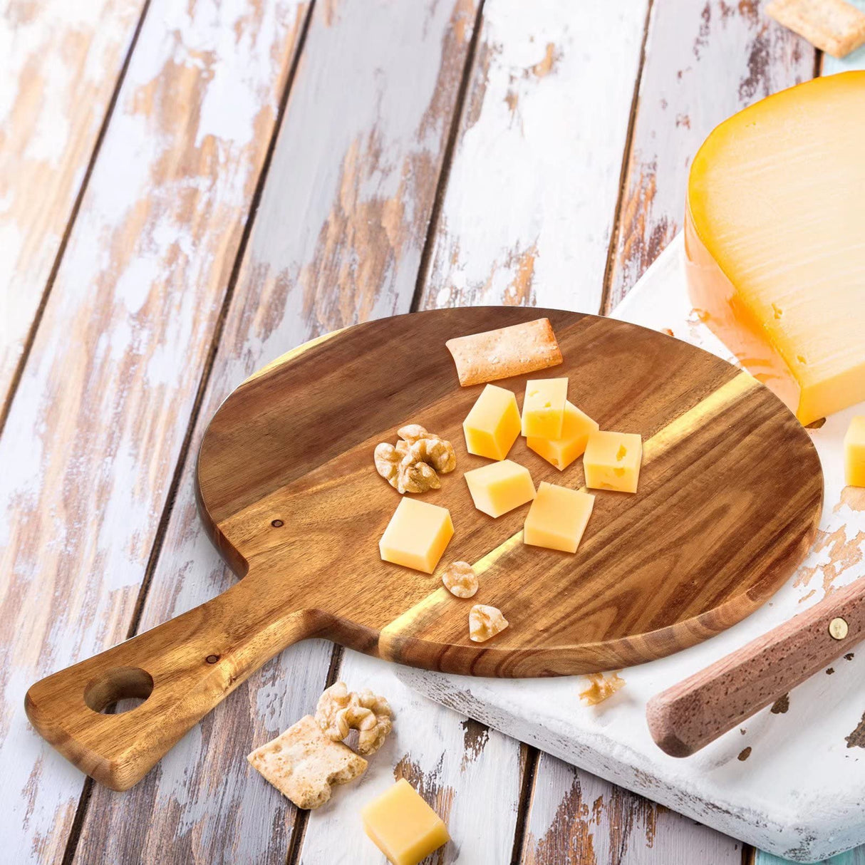 Acacia Wood Cutting Board with Handle Wooden Chopping Board Round Paddle Cutting Board for Meat Bread Serving Board Charcuterie Boards Chopping Ayiaren