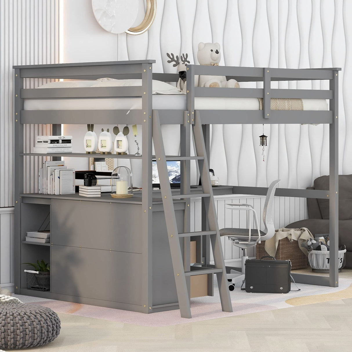 MERITLINE Modern Full Size Loft Bed with Desk, Shelves, and Storage Drawers for Kids and Teens MERITLINE