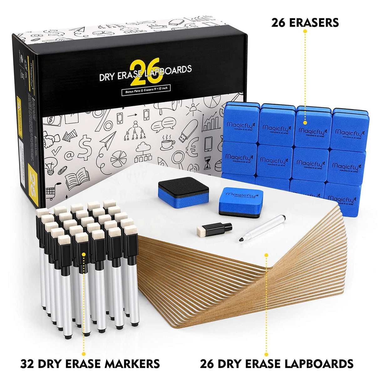 Magicfly Small White Boards, Dry Erase Board Pack of 26, Mini Whiteboards 9x12 Inches Double-Sided White Boards for Students Classroom Teachers Magicfly