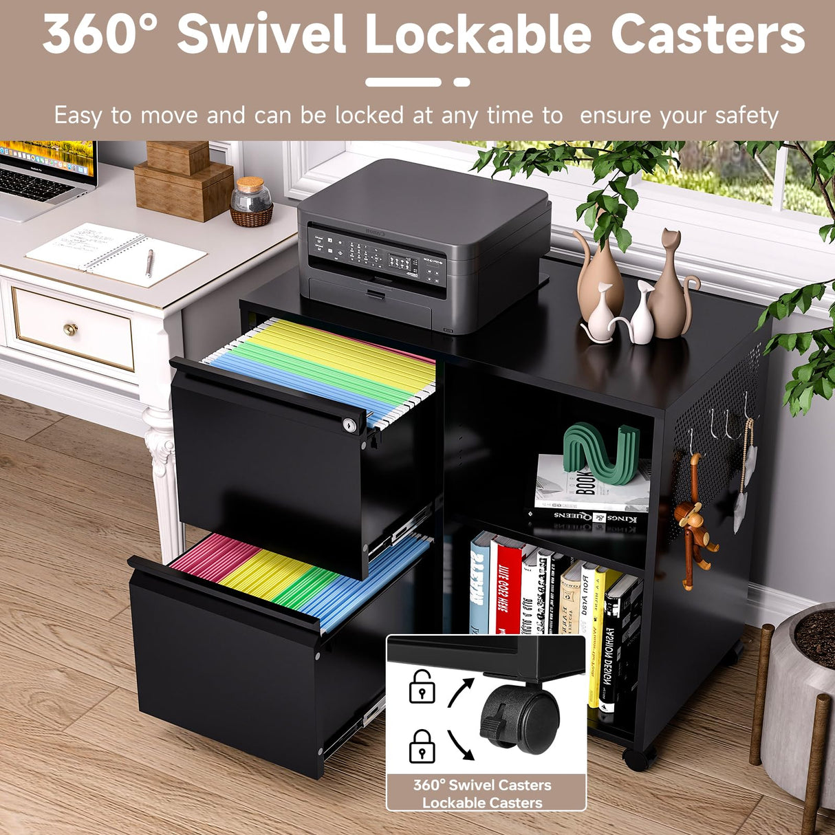 AFAIF Lateral File Cabinet, 2 Drawer File Cabinet with Lock, Printer Cabinet Printer Stand with Storage, Metal Mobile Filing Cabinet Home Office AFAIF