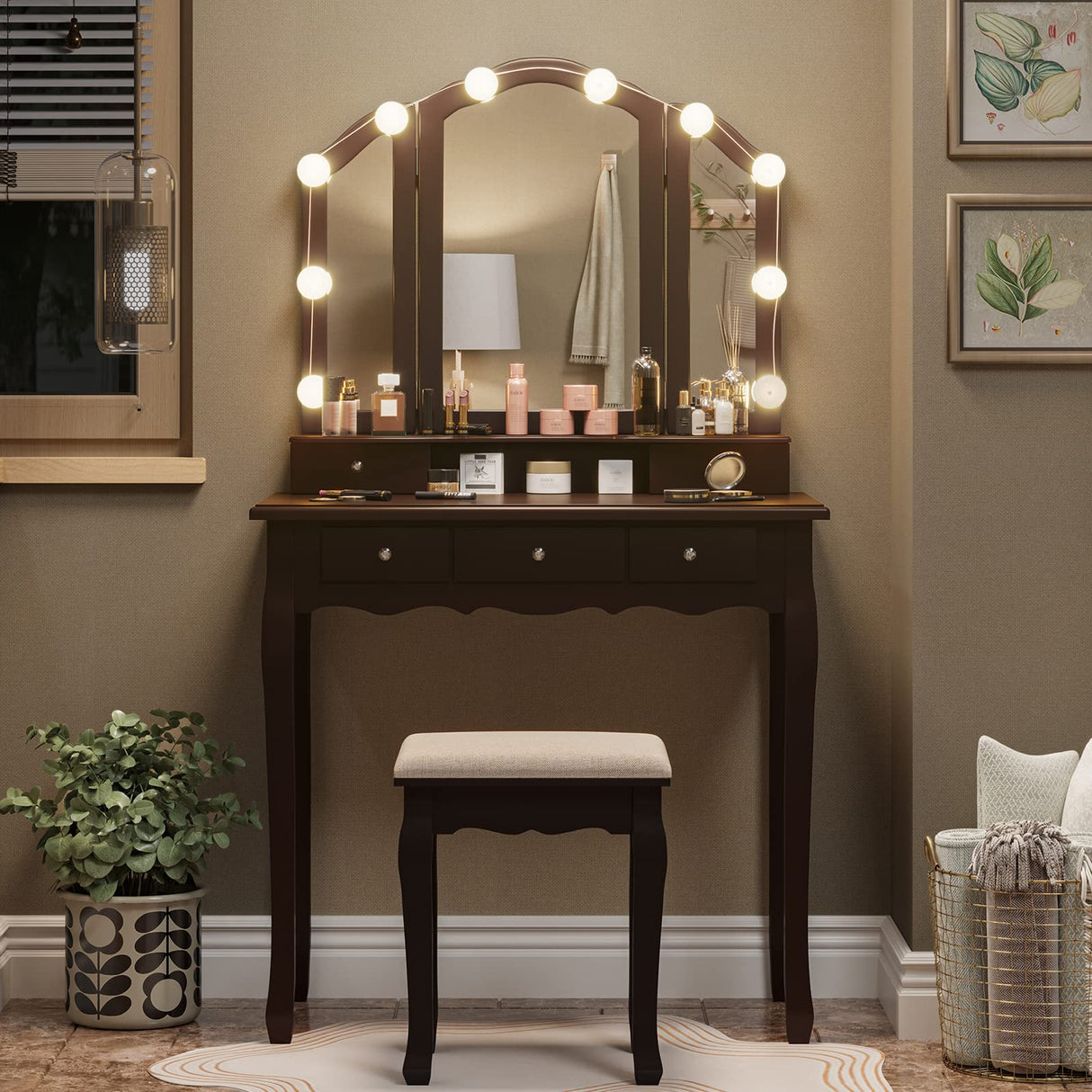 Tiptiper Vanity Desk, Makeup Vanity Set with Lighted Mirror and Stool, Dressing Table with 5 Drawers, 3 Light Settings & Adjustable Brightness, Tiptiper