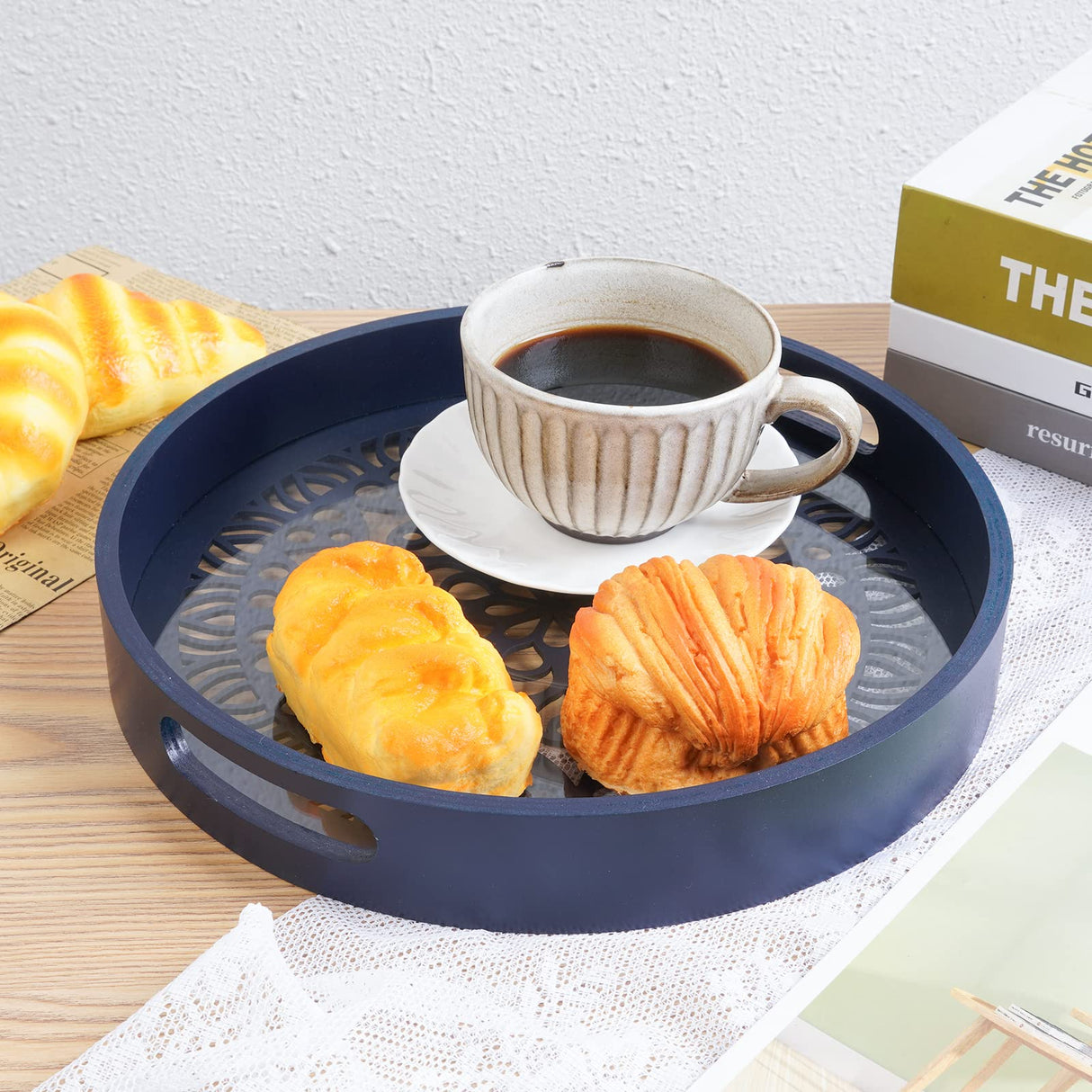 LINKOVE 12" Decorative Tray, Round Wood Tray for Home Decor, Small Wooden Serving Tray with Handles for Coffee Table Decor Centerpiece Ottoman LINKOVE